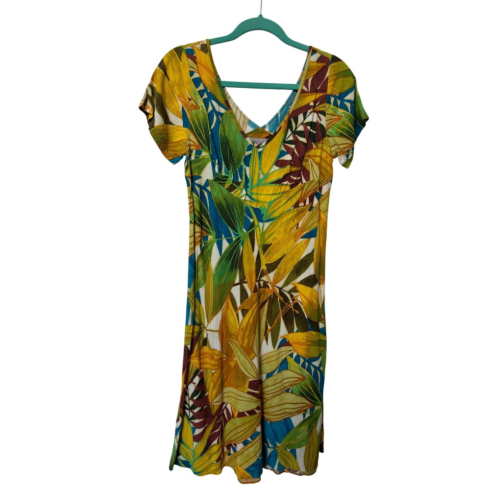 Jams World Hoja Tropical Leaf Rayon Dress Small Made in Hawaii Multicolor V-Neck